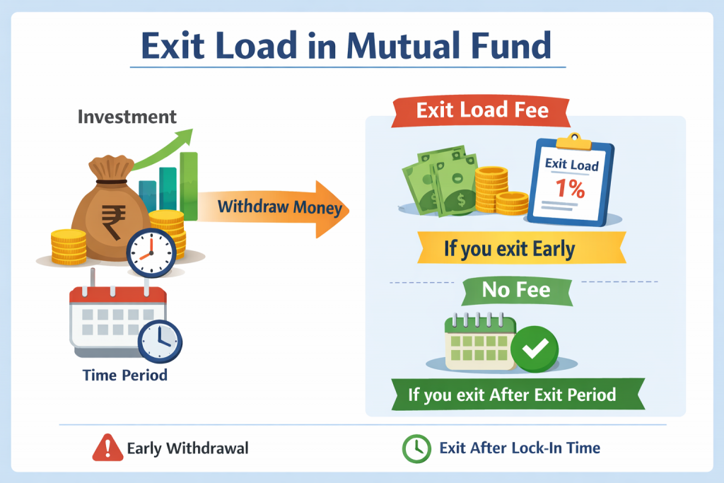 Illustration explaining exit load in mutual fund, showing a fee charged for early withdrawal and no charge after the exit load period