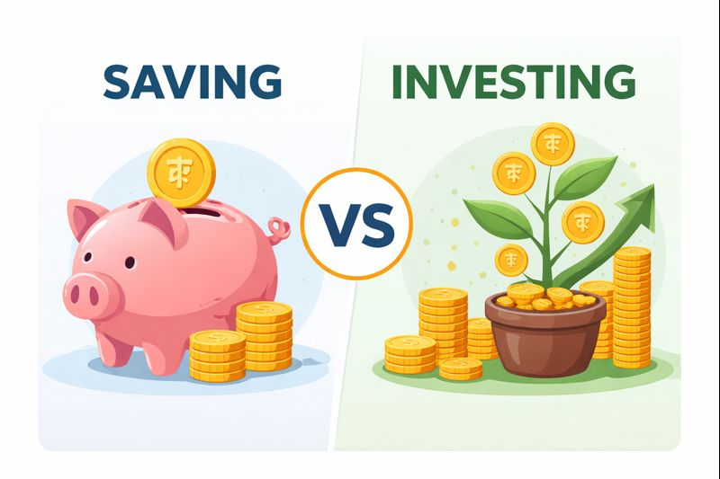 Saving vs investing comparison showing a piggy bank for saving and growing money with plants and coins for investing