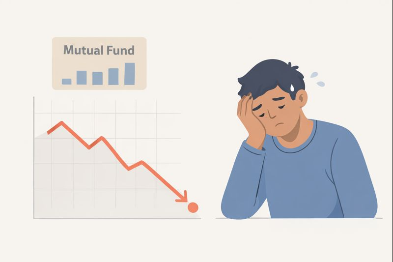 investor looking exhausted after a market loss, with a simple downward mutual fund graph