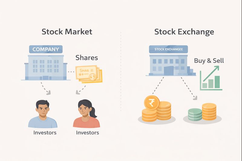 Diagram-style illustration explaining the basics of the stock market