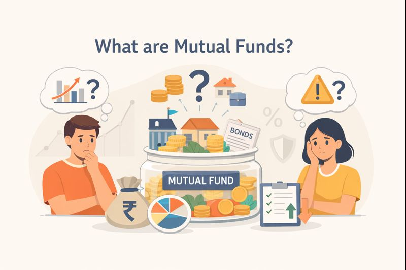 Illustration showing two beginners looking confused while thinking about what mutual funds are, with a mutual fund jar containing diversified investments like stocks and bonds in the center.