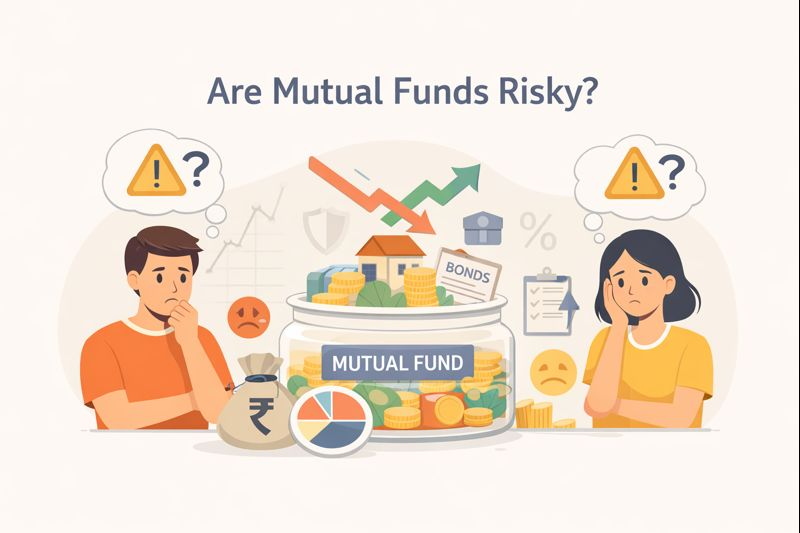 Flat illustration of people worried about whether mutual funds are risky, showing market ups and downs around a mutual fund investment jar in a calm educational style.