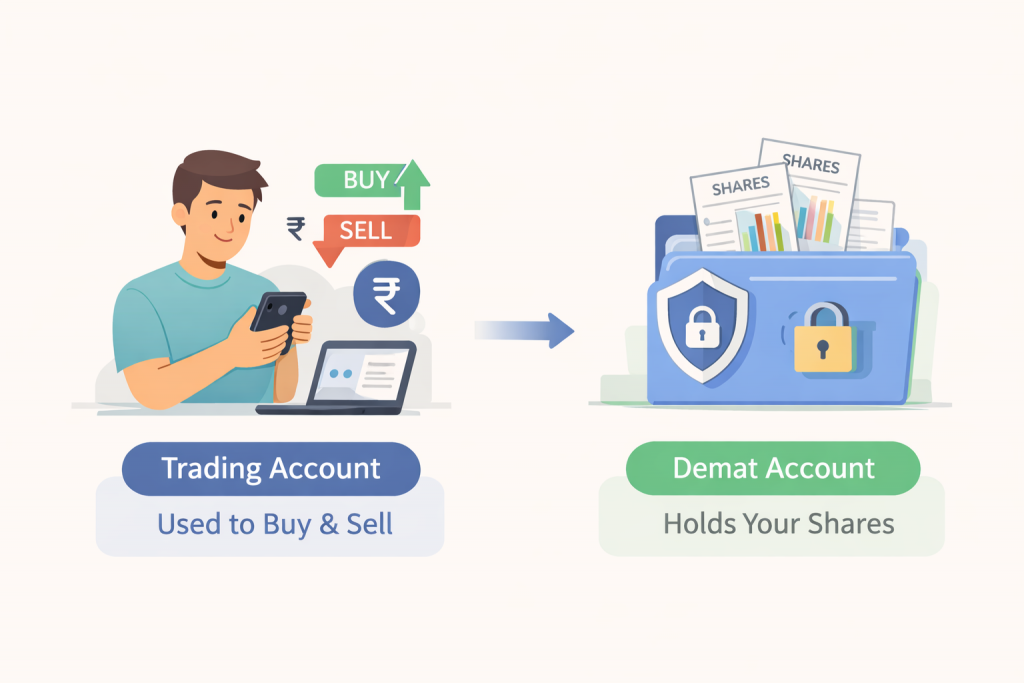 Flat illustration showing the difference between a trading account used to buy and sell shares and a Demat account used to hold investments, with both connected to show how they work together.