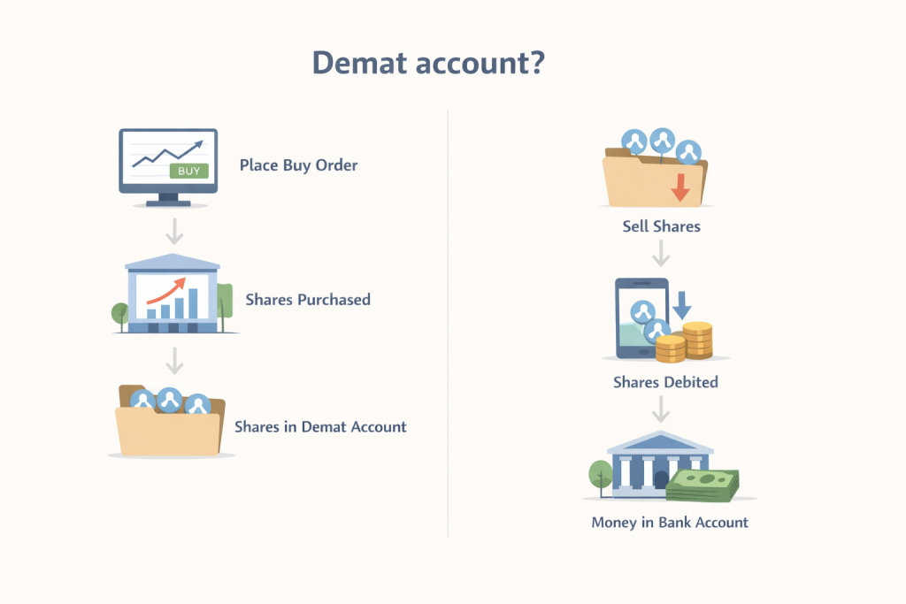 Flat-style illustration explaining how a Demat account works. On the left, a simple flow shows placing a buy order, shares being purchased from the market, and shares credited to a Demat account. On the right, the selling flow shows shares sold, shares debited from the Demat account, and money credited to a bank account. Clean icons, minimal graphs, and soft neutral colors on a light background