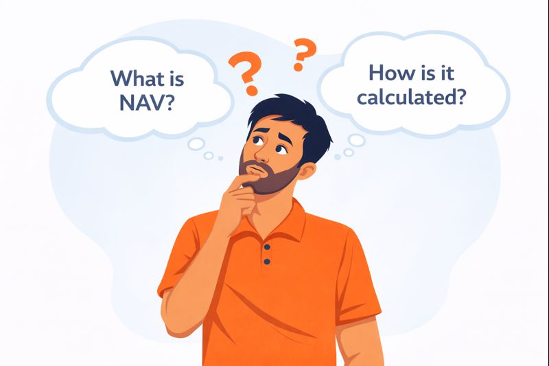 investor thinking about mutual fund NAV and how mutual fund nav is calculated, shown with question bubbles