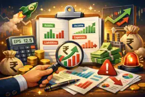 Illustration of income statement, balance sheet and cash flow statement with charts and financial ratios for stock analysis