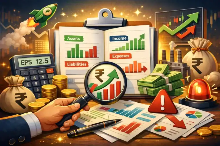 Illustration of income statement, balance sheet and cash flow statement with charts and financial ratios for stock analysis