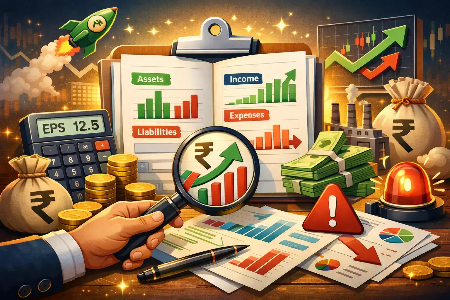 Illustration of income statement, balance sheet and cash flow statement with charts and financial ratios for stock analysis