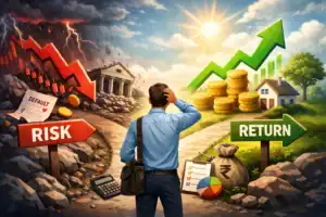 Concept image showing investment risk vs return with market crash and growth symbols.