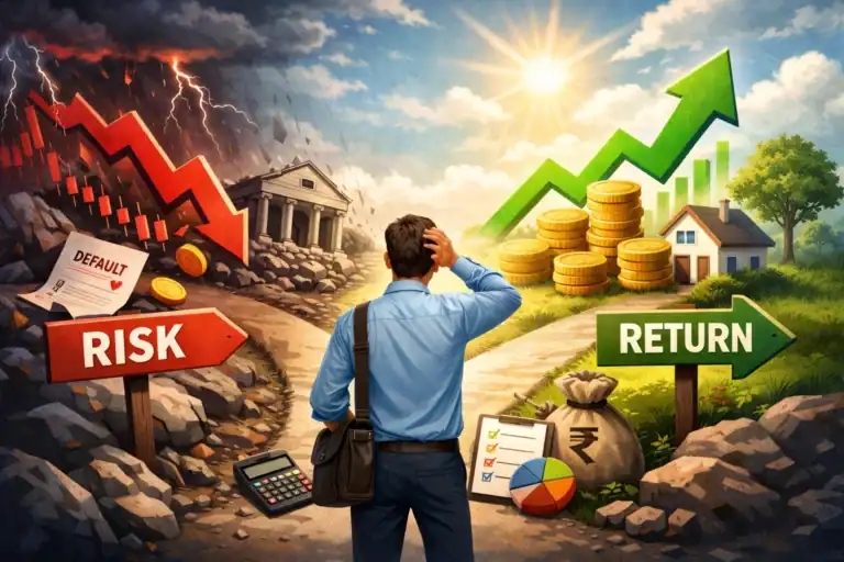 Concept image showing investment risk vs return with market crash and growth symbols.