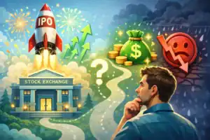 Illustration showing IPO investment decision with rocket launch, rising arrows, money bag, and falling market symbol representing risk vs reward.