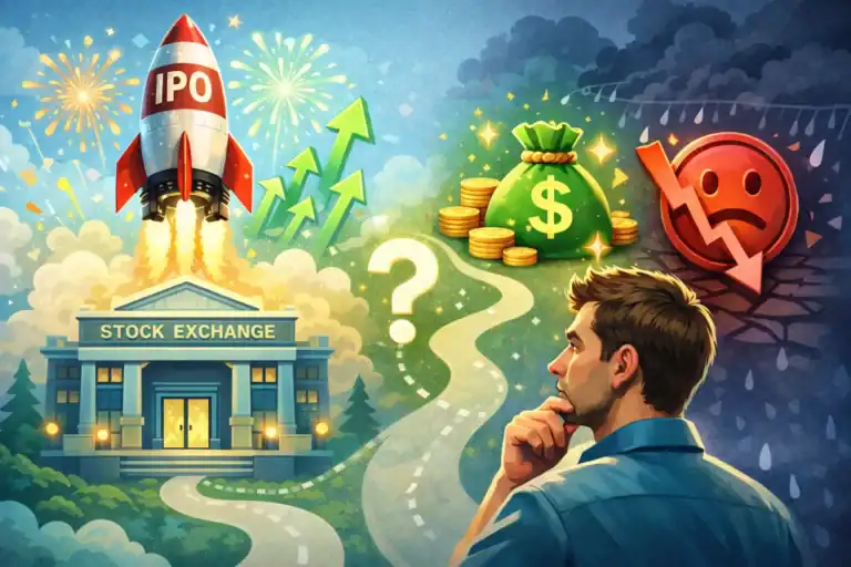 Illustration showing IPO investment decision with rocket launch, rising arrows, money bag, and falling market symbol representing risk vs reward.