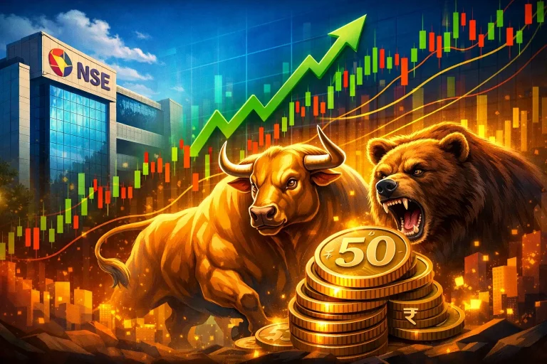 Illustration of Indian stock market with bull and bear, rising chart and Nifty 50 index concept.