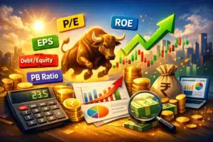 Illustration of stock market analysis with bull, financial ratios like PE and ROE, growth chart and Indian rupee symbol.