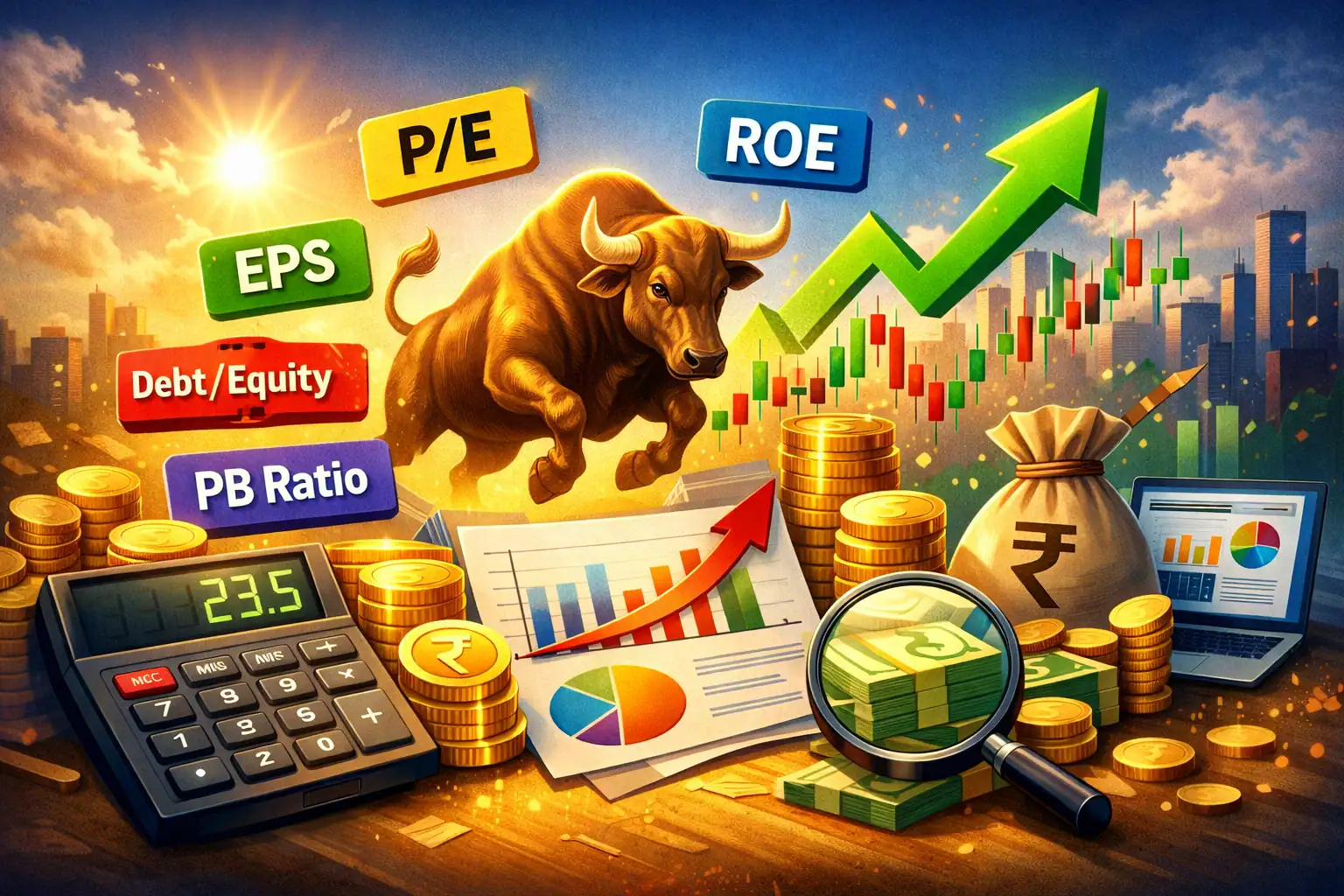 Illustration of stock market analysis with bull, financial ratios like PE and ROE, growth chart and Indian rupee symbol.